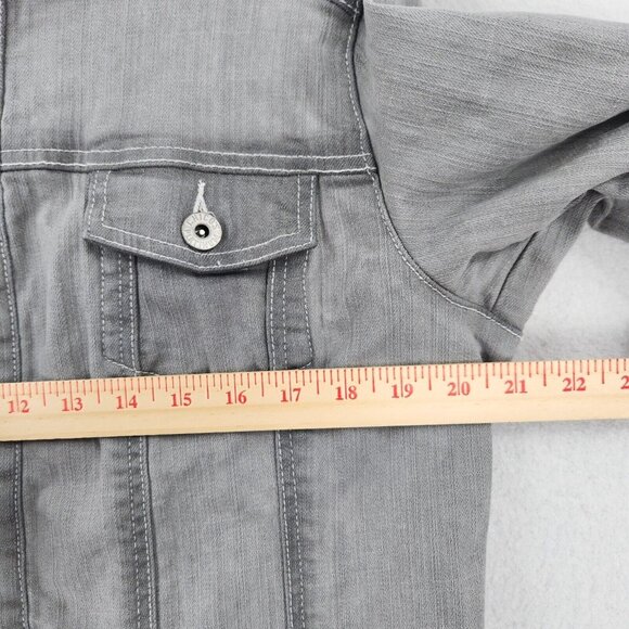 Chicos Jacket Women 2 Gray 12 Platinum Denim Jean Trucker Stretch Ruffle Casual - Picture 6 of 15
